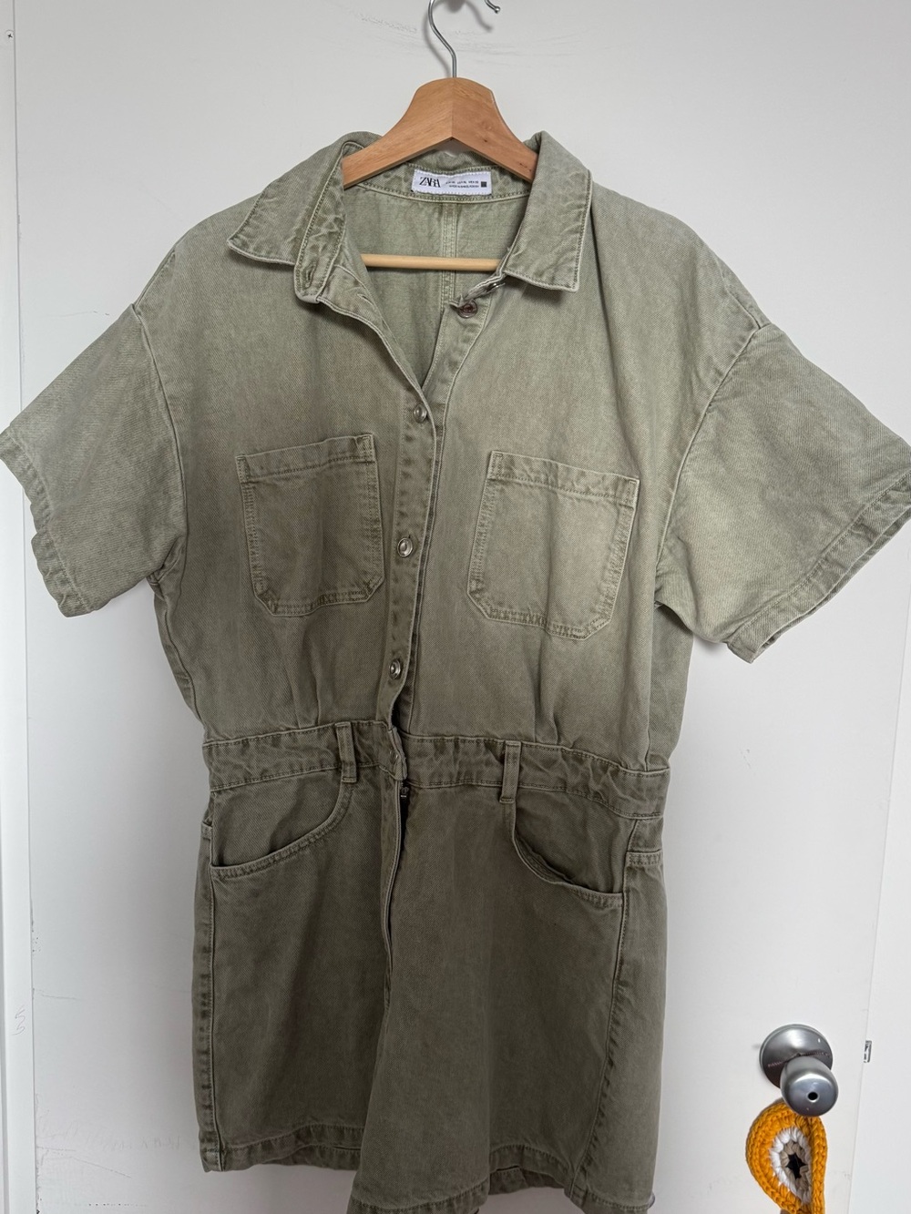 Zara Washed Olive Button-Front Short Sleeve Romper